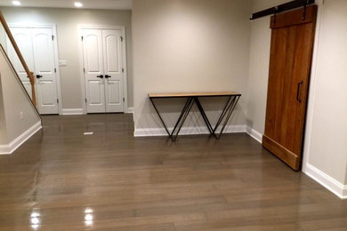 Inspiration for a mid-sized transitional underground dark wood floor and brown floor basement remodel in Other with beige walls