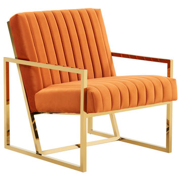 LeisureMod Montgomery Velvet Accent Chair With Gold Frame, Orange Marmalade