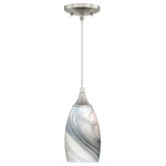 Vaxcel - Milano 4.75" Mini Pendant Marble Swirl Glass Satin Nickel - The Milano collection of mini pendant lights feature softly radiused hand-blown glass that gracefully blends into almost any decor. Because each glass is handcrafted utilizing century-old techniques, no two pieces are identical. The marble swirl colored glass has tones of gray and silver and is housed in a satin nickel finish for a contemporary and artistic look. Install this mini pendant individually or in a group; ideal for kitchens, dining areas, or bar areas.