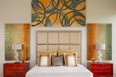 Inspiration for a large contemporary master dark wood floor and brown floor bedroom remodel in Dallas with white walls and no fireplace