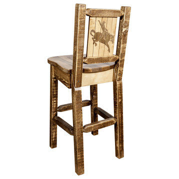 Homestead Bar Stool With Back, With Laser Engraved Bronc, Clear Lacquer Finish