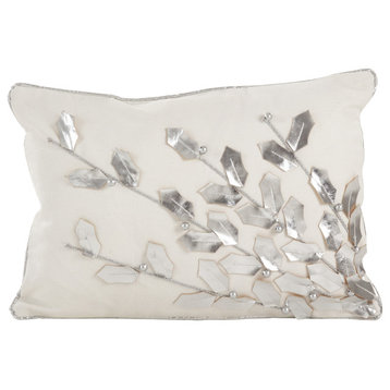 Metallic Poinsettia Branch Design Holiday Cotton Throw Pillow, Silver, 12"x18", Poly Filled