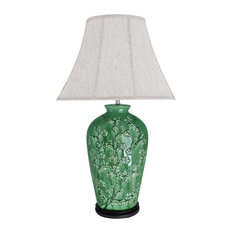 40013, 33 1/2" High Ceramic Table Lamp, Green With Dark Brown Wood Base