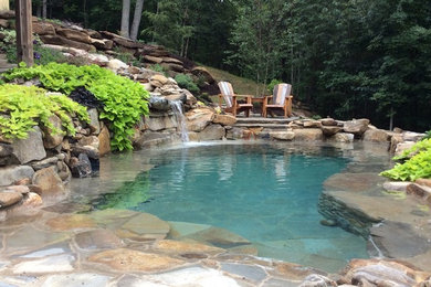 Mid-sized tropical backyard custom-shaped natural pool in Other with a water feature and natural stone pavers.
