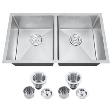 32" Undermount Nano Double Bowl Stainless Steel Kitchen Sink With Drain Assembly