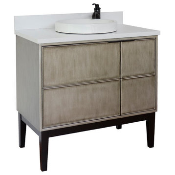 37" Single Vanity, Linen Brown Finish With White Quartz Top And Round Sink