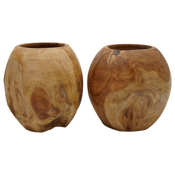 Benzara BM284954 2-Piece Set Teak Wood Table Bowls, Accent Piece, Brown FInish