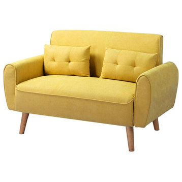 Retro Loveseat, Angled Wooden Legs & Padded Seat With Rounded Arms, Yellow