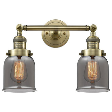 2-Light Small Bell 16" Bath Fixture, Antique Brass, Glass: Plated Smoked