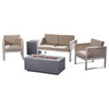 GDF Studio Ethan Outdoor 4 Seat Chat Set with Fire Pit, Silver/Khaki/Dark Gray