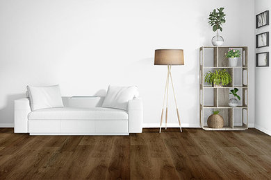 Living room - modern vinyl floor and brown floor living room idea in Montreal