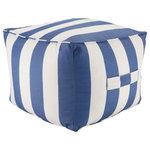 Jaipur Living - Chatham Indoor and Outdoor Striped Blue and White Cuboid Pouf - The Birch Point collection of poufs brings contemporary coastal vibes to both indoor and outdoor spaces. The nautical blue and white Chatham pouf features a durable polyester construction, perfect for weather-resistant use. The classic cabana stripe design is versatile and accented with side handles for added detail and function.