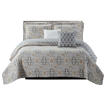 Lanza Printed Microfiber Quilt Coverlet Set, Grey, Over-Sized King, 122"x106"