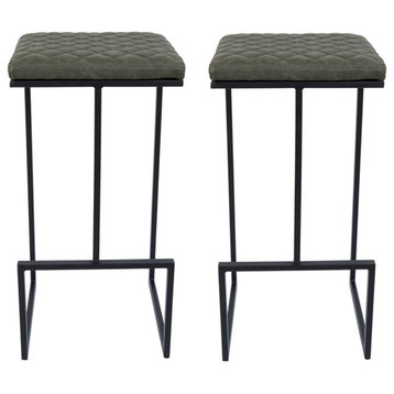 LeisureMod Quincy Quilted Stitched Leather Bar Stools Set of 2 in Olive Green
