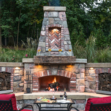 outdoor fireplace with night lighting