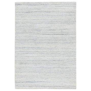 Ivory Hand Loomed Plain Modern Striped Design Soft Pile Soft Wool Rug, 5'x7'