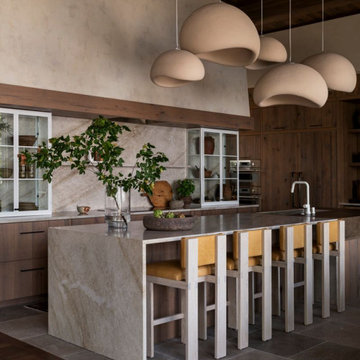 Antique White Oak Cabinets and Elm Ceiling in Interlachen Lakehouse Kitchen