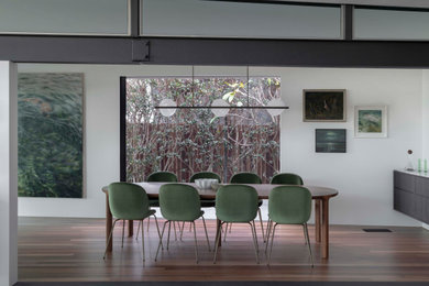 Ejemplo de comedor contemporáneo grande abierto con paredes blancas, suelo de madera en tonos medios, suelo marrón y vigas vistas