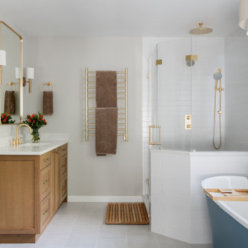 Primary Bath Reno with Slate Blue Cast Iron Tub