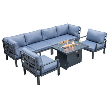 LeisureMod Hamilton 7-Piece Patio Sectional Set With Fire Pit Table, Blue