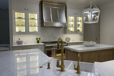 Example of a large trendy ceramic tile and white floor kitchen design in Dallas with an integrated sink, white backsplash, stone tile backsplash, stainless steel appliances and white countertops