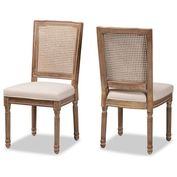 Louane Beige Fabric Antique Brown Wood 2-Piece Dining Chair Set with Rattan
