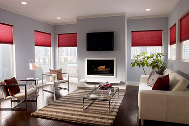 Mid-sized minimalist open concept dark wood floor and brown floor living room photo in Toronto with gray walls, a standard fireplace and a media wall