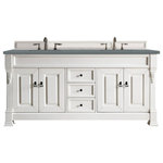 James Martin Vanities - Brookfield 72" Double Vanity, Bright White w/ 3 CM Cala Blue Quartz Top - The Brookfield 72" Bright White double vanity by James Martin Vanities features hand carved accenting filigrees and raised panel doors. Four doors, two on either side, open to shelves for storage below and three center drawers. Matching wood backsplash is included. The look is completed with a 3cm eased edge Cala Blue Quartz top with two white solid surface rectangular sinks.