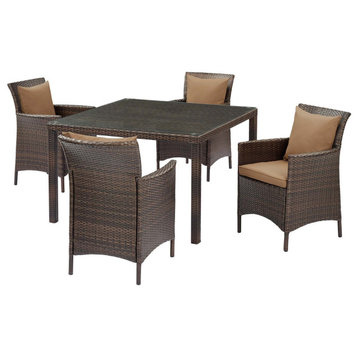 Modern Outdoor Patio Furniture Dining Chair and Table Set, Rattan Wicker, Brown