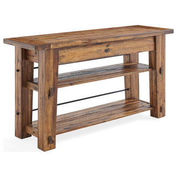 Farmhouse Console Table, Hardwood Frame With 2 Large Open Shelves, Natural Brown