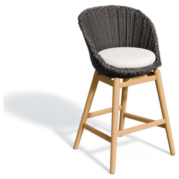 Tulle Bar Chair, Shadow Resin Wicker, Bliss Linen cushion, Teak Frame
