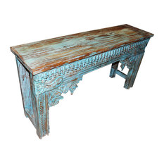 Mogul Interior - Consigned Antique Blue Console Beautiful Floral Carving Sofa Accent Hall Table - Console Tables