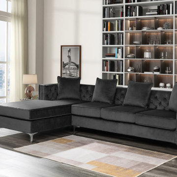 Ryan 109" Velvet Reversible Sectional Sofa Chaise with Nail-Head Trim