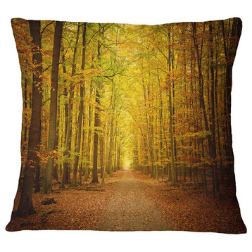 Pathway in Green Autumn Forest Photography Throw Pillow, 18"x18"