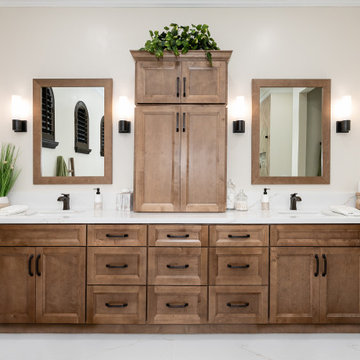 Transitional Double Vanity with Mirrors and Earth Tones in Master Bathroom
