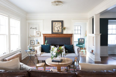 Living room - large country open concept living room idea in Kansas City with white walls, a standard fireplace and no tv