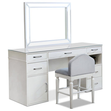 Contemporary Vanity Set, Cushioned Chair and LED Lighted Mirror, Glossy White