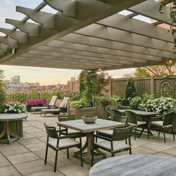 Rooftop Earth-Tone Pergola And Custom Board Fence in Boston, MA - Pergolas