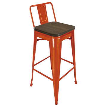 Metal Bar Stool With Backrest and Wood Seat, Set of 4, Orange
