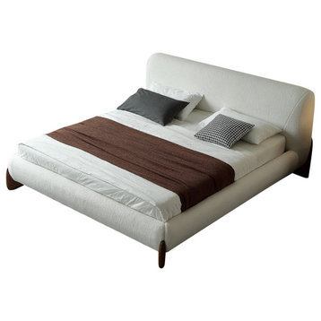 White Boucle Platform Bed King Size Bed Frame with Upholstered Headboard