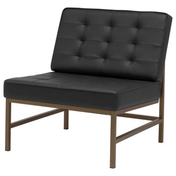 Modern Accent Chair, Bronze Frame With Tufted Bonded Leather Seat, Black