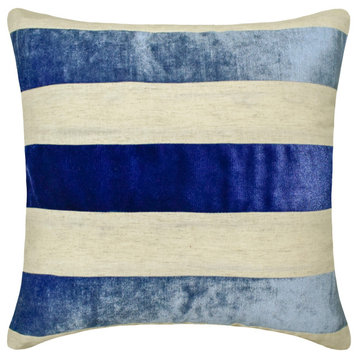 Blue Velvet and Linen Patchwork 20"x20" Throw Pillow Cover, Velvet Band Blue
