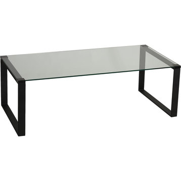 Contemporary Coffee Table, Square Black Metal Legs With Large Clear Glass Top
