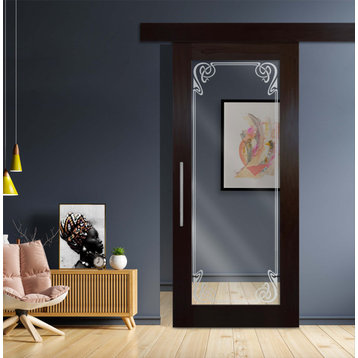 Mirrored Solid Wood Sliding Barn Door With Mirror and Frosted Designs, 40"x84",
