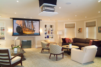 Inspiration for a home theater remodel in Boston with a projector screen