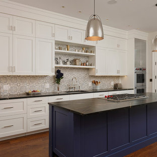 Large transitional galley kitchen pantry in DC Metro with an undermount sink, shaker cabinets, stainless steel cabinets, soapstone benchtops, multi-coloured splashback, ceramic splashback, stainless steel appliances, medium hardwood floors and with island.