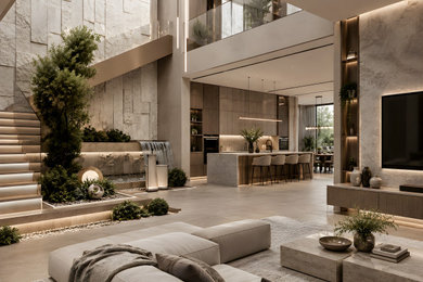 Inspiration for a huge contemporary formal and open concept beige floor living room remodel in Miami with beige walls and a media wall