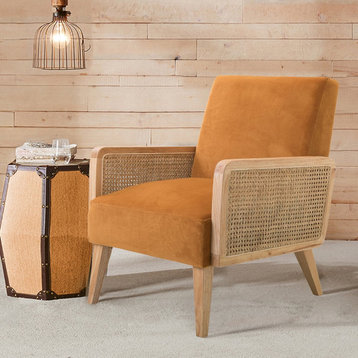 Retro Accent Chair, Natural Wooden Arms With Wicker Accent and Velvet Seat, Yellow