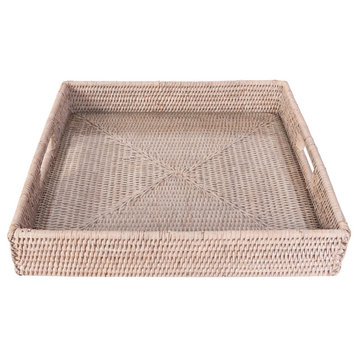 Square Serving Ottoman Trays with Glass Insert, White Wash, 18"x 18"x 3"