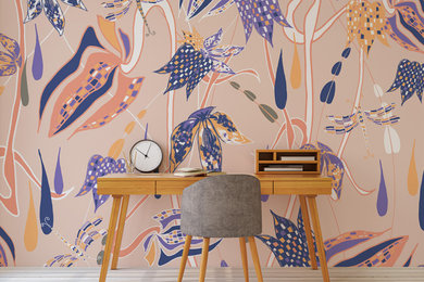 Diseño de salón de estilo americano con paredes multicolor y papel pintado